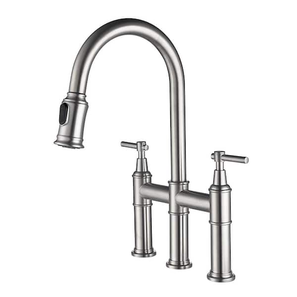 UKISHIRO Double Handle Bridge Kitchen Faucet with Pull Down Spray Head in Brushed Nickel