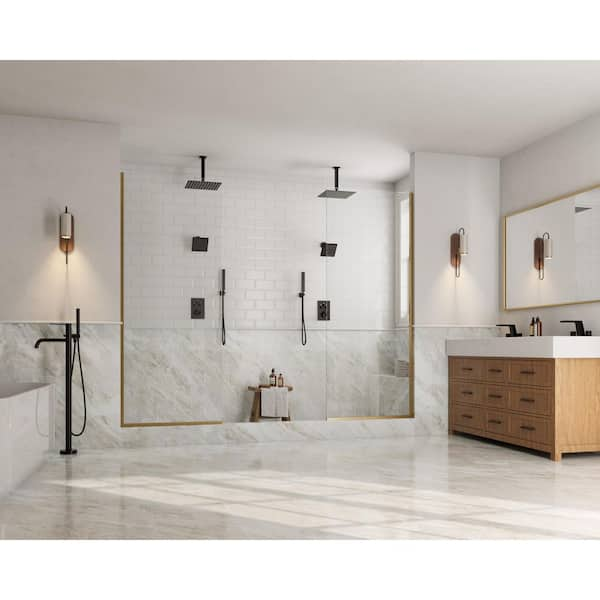 His and Hers Showers 7-Spray 12 in. Thermostatic Cartridge Wall Bar Shower Kit in Matte Black Valve Included