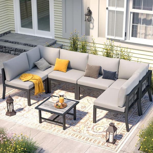 AECOJOY 7-Piece Metal Outdoor Patio Conversation Set with Cover and Gray Cushions