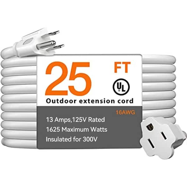 25 ft. 16/3 Heavy Duty Outdoor Extension Cord with Flexible Long Wires, White (1-Pack)
