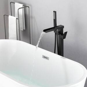 Waterfall Spout Freestanding Bath Tub Faucet Single Handle Floor Mount Filler with Hand Shower in Matte Black
