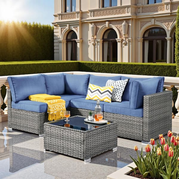Elora Gray 5‑Piece Wicker Outdoor Sectional Sofa Set with Denim Blue Cushion & Coffee Table for Patio, Backyard, Deck
