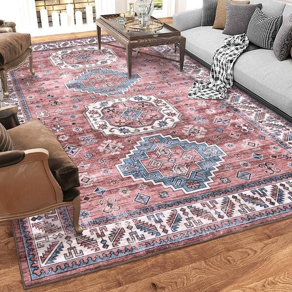Pink 9 ft. x 12 ft. Vintage Geometric Tribal Machine Washable Area Rug