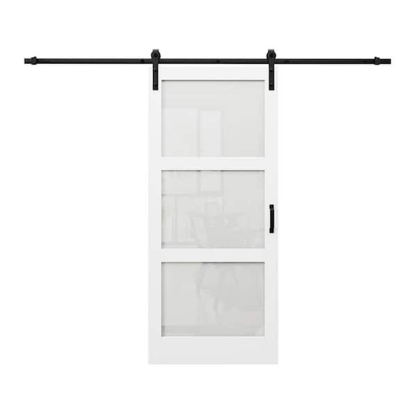 EH PUERTA 36 in. x 84 in. 3-Lite Tempered Frosted Glass White Primed MDF Finished Sliding Barn Door Slab with Hardware