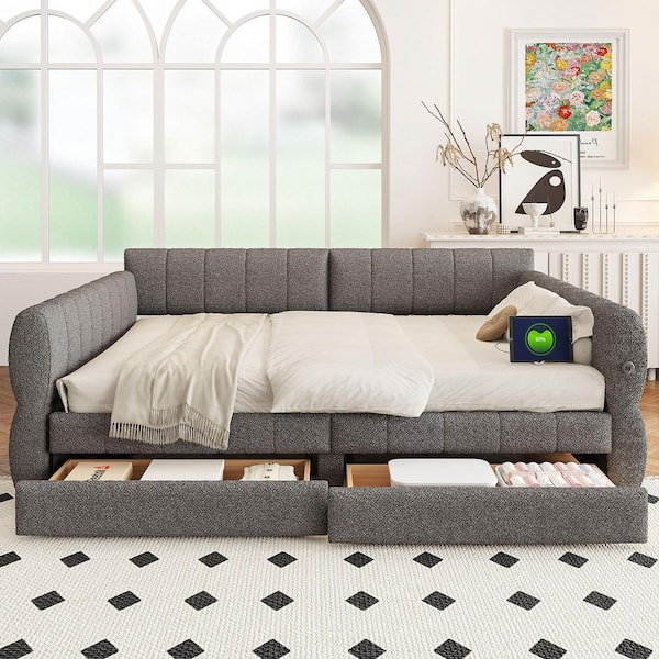 Gray Queen Size Daybed with USB and 2-Drawers