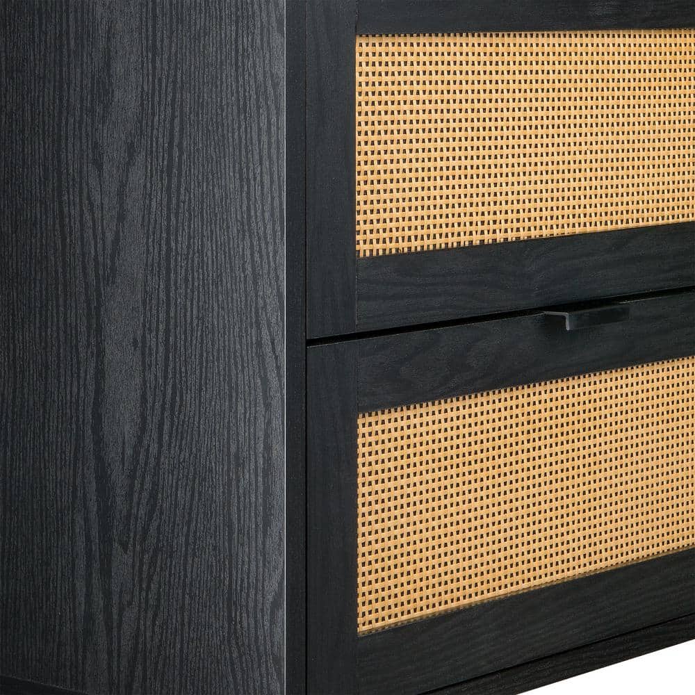 Black and Light Brown Rattan 2-Drawer Nightstand
