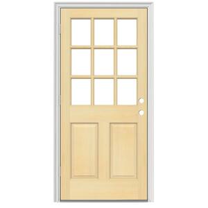 30 in. x 80 in. 9-Lite Unfinished Wood Prehung Right-Hand Outswing Back Door w/Unfinished AuraLast Jamb and Brickmold