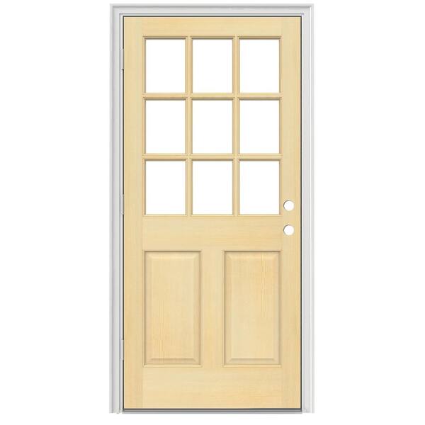 JELD-WEN 30 in. x 80 in. 9-Lite Unfinished Wood Prehung Right-Hand Outswing Entry Door w/Unfinished AuraLast Jamb and Brickmold