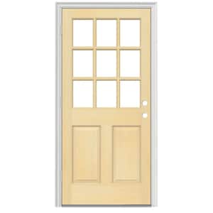 32 in. x 80 in. 9-Lite Unfinished Wood Prehung Right-Hand Outswing Back Door w/Unfinished AuraLast Jamb and Brickmold
