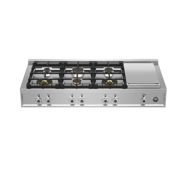 Bertazzoni Professional 48 in. Gas Rangetop in Stainless Steel with 6 Brass Burners and Electric Griddle