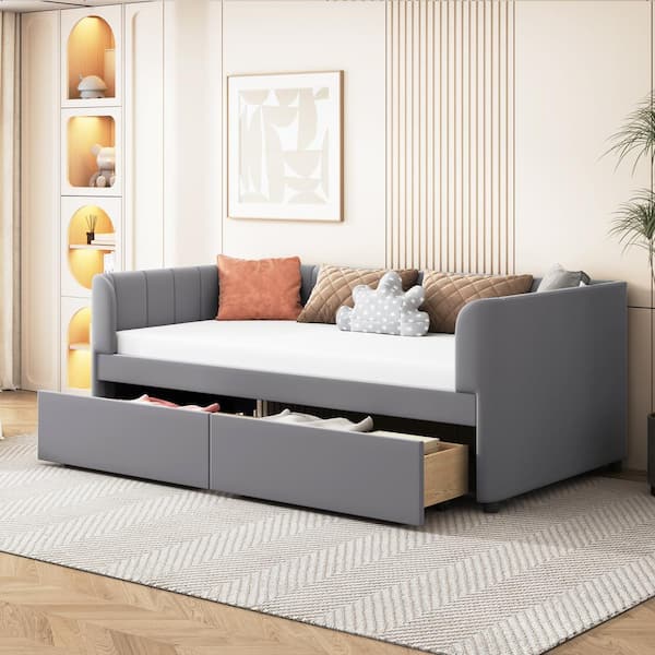 Harper & Bright Designs Gray Wood Twin Size Velvet Upholstered Daybed with Ergonomic Design Backrest and 2-Drawers