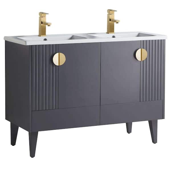 FINE FIXTURES Venezian 48 in. W x 18.11 in. D x 33 in. H Bathroom Vanity Side Cabinet in Rock Gray with White Ceramic Top