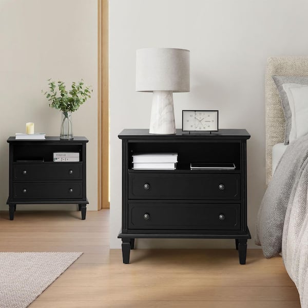 JAYDEN CREATION Juiien Mid-Century Solid Wood 2 - Drawer Storage Nightstand with USB Port Set of 2-Black