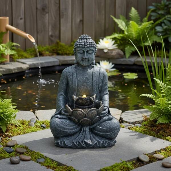 28 in. Outdoor Zen Buddha Water Fountain with LED Light and Pump