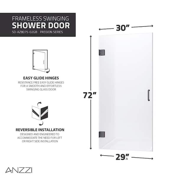 ANZZI Passion 30 in. W x 72 in. H Frameless Hinged Shower Door in 