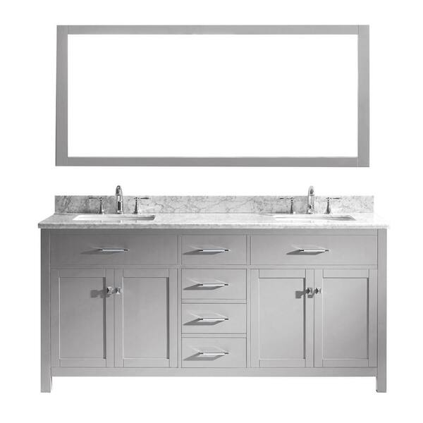 Virtu USA Caroline 72 in. W Bath Vanity in Cashmere Gray with Marble Vanity Top in White with Square Basin and Mirror