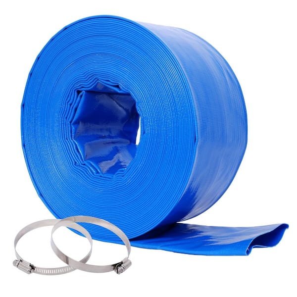Blue 3"X100FT Pool Backwash Hose, PVC Lay Flat Water Discharge Discharge Hoses with 2 Clamp