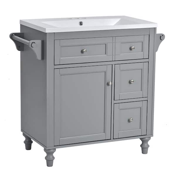 Boosicavelly 30 in. W x 18 in. D x 34 in. H Single Sink Freestanding Bath Vanity in Gray with White Resin Top