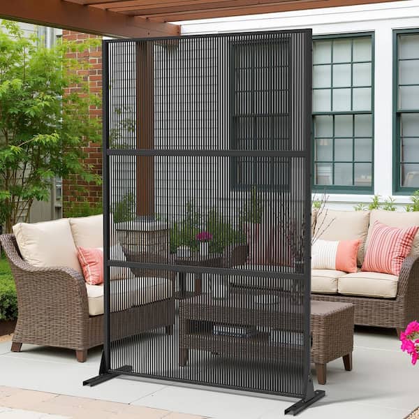 47 in. x 72 in. Black Rattan Wall Panels Outdoor Metal Privacy Screen Woven Fence Panel Room Divider Patio Trellis