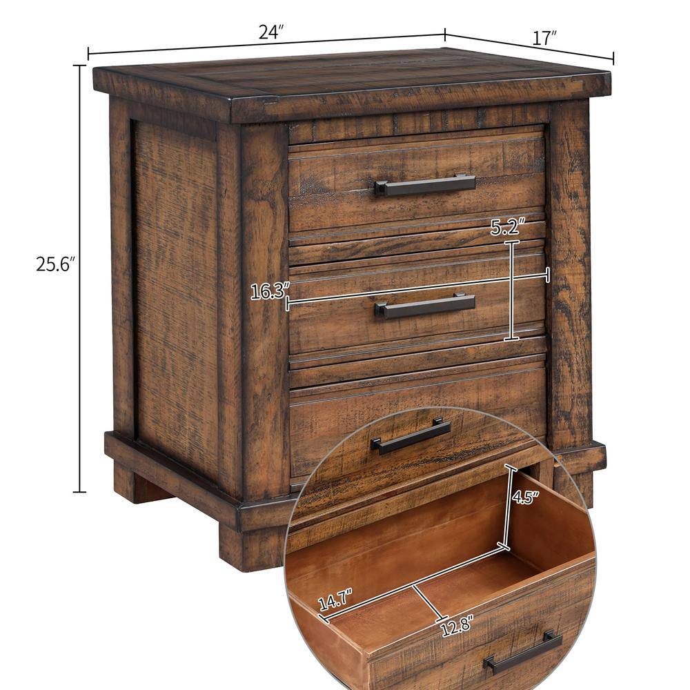 Rustic 3-Drawer Reclaimed Solid Wood Farmhouse Nightstand (24 in. W x 17 in. D x 25.6 in. H) - thumbnail 3