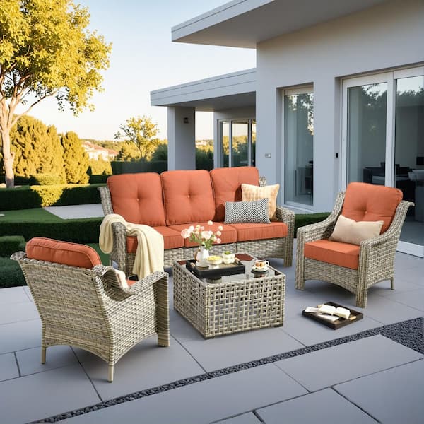 Tulip I 4-Piece Wicker Patio Conversation Set with Coffee Table and Red Cushions