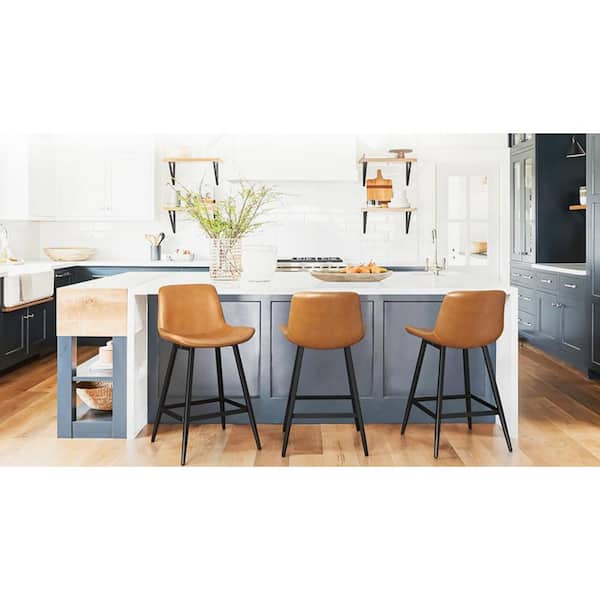 cozyman Abraham 24 in. Whiskey Brown Metal Counter Height Bar Stool Faux Leather Bar stool with Back Counter Stool (Set of 3)