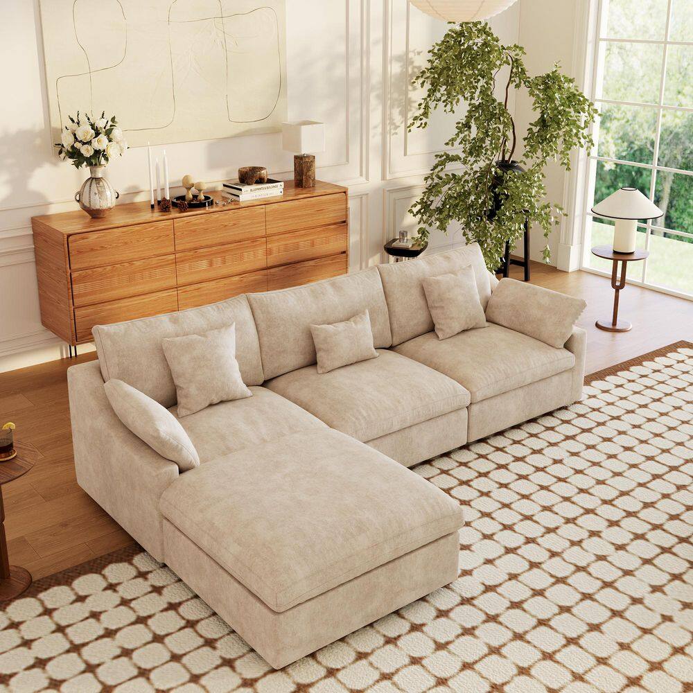 Oversized 119.3 in. W Slope Arm Linen Down Feather Modular Free Combination Sofa with Ottoman, Removable Cover in Brown