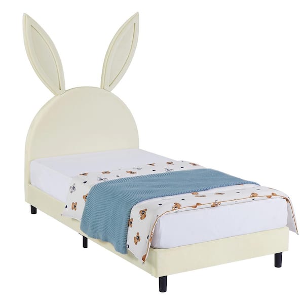 VECELO Upholstered Twin Daybed Frame for Kids, Beige Twin Platform Bed with Carton Ears Shaped Headboard