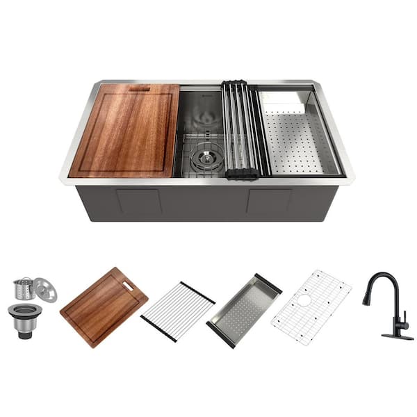 Boyel Living 32 in. Undermount Single Bowl Stainless Steel Kitchen Sink with Faucet, Cutting Board, Rolling Drying Rack and Colander