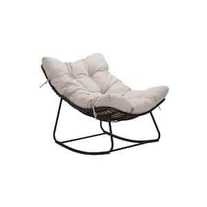 Dark Gray Frame Metal Outdoor Rocking Chair, with Beige Cushion, for Backyard, Patio, Garden