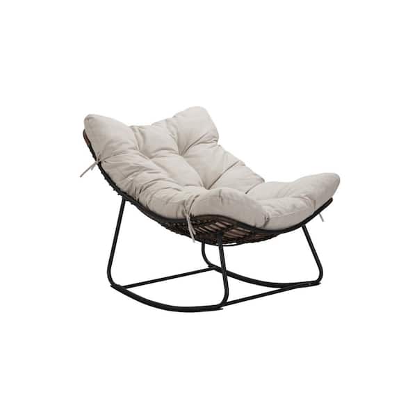 Unbranded Dark Gray Frame Metal Outdoor Rocking Chair, with Beige Cushion, for Backyard, Patio, Garden