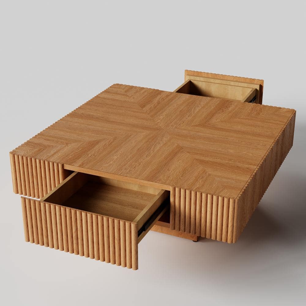 35 in. Square Brown Wood Vertical Fluted Coffee Table with 2 Drawers for Living Room price history on PriceWatchPro