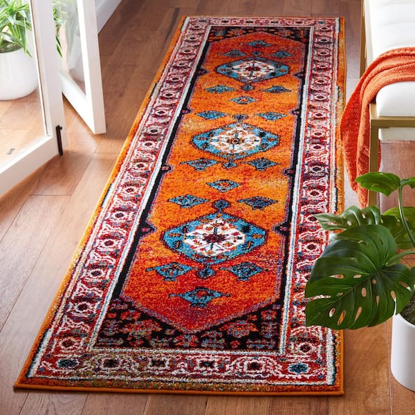 Vintage Hamadan 2 ft. x 8 ft. Red/Blue Medallion Ornate Border Runner Rug