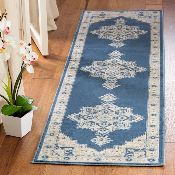 Brentwood Navy/Cream 2 ft. x 10 ft. Floral Medallion Border Runner Rug