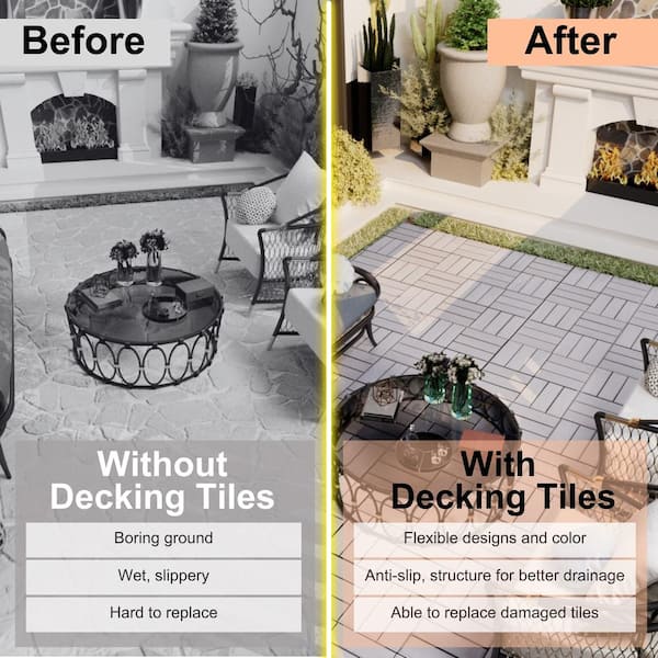 Amucolo 12 in. x 12 in. Checker Pattern Acacia Wood Interlocking Deck Tiles in Gray for Patio, Pool Side (Set of 20 Tiles)
