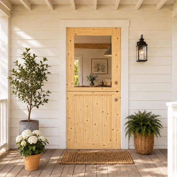 30 in. x 80 in. Solid Pine Universal 1-Lite Clear Glass Unfinished Pine Wood Front Door Slab-Dutch Door Design