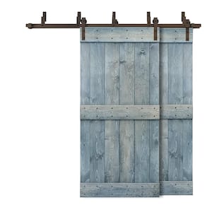 76 in. x 84 in. Mid-Bar Bypass Denim Blue Stained Solid Pine Wood Interior Double Sliding Barn Door with Hardware Kit