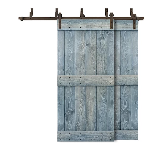 CALHOME 76 in. x 84 in. Mid-Bar Bypass Denim Blue Stained Solid Pine Wood Interior Double Sliding Barn Door with Hardware Kit