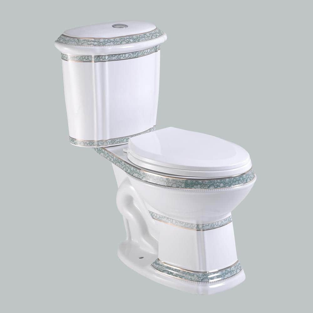 Elongated White and Green Dual Flush Two-Piece Toilet
