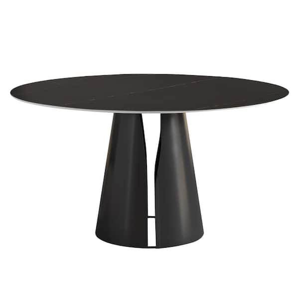 Modern Round Black Lauren Black Gold Stone Top 53.15 in. Carbon Steel Black Pedestal Base Dining Table (4 Seats)