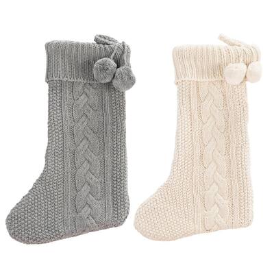 19 in. Gray/White Knitted Cotton Nutmeg Christmas Stocking with Pom Pom Tassels (2-Pack)