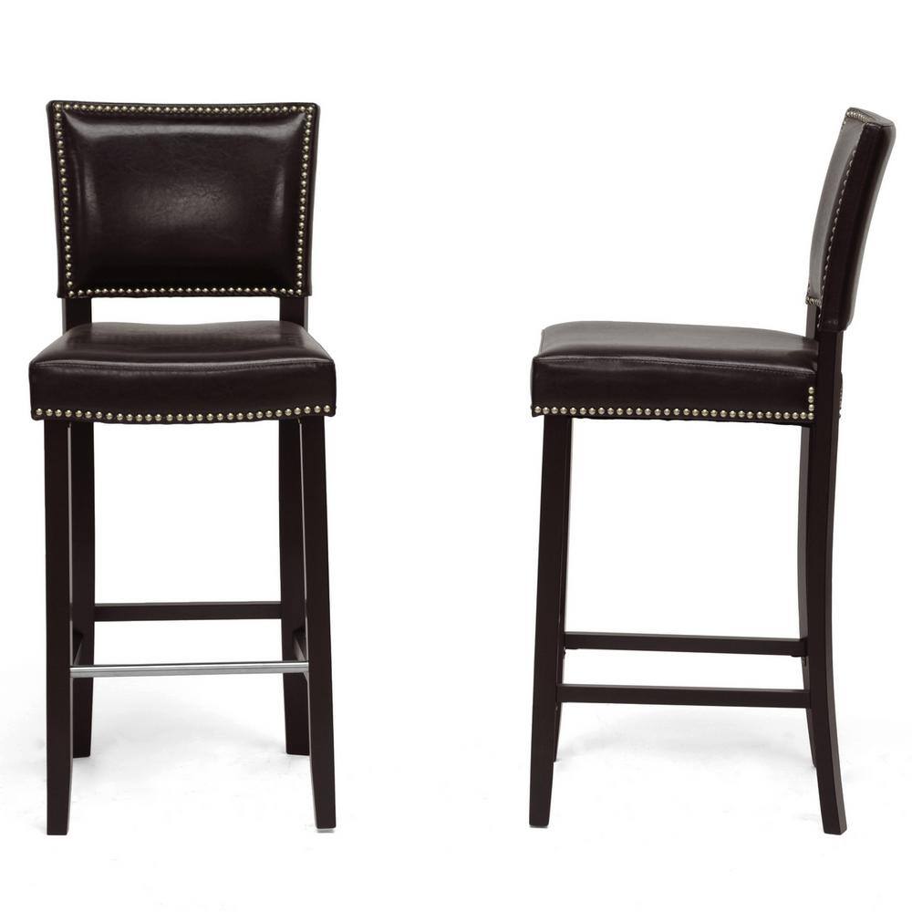 Set of 2 Dark Brown Faux Leather Bar Stools with Nail Head Trim