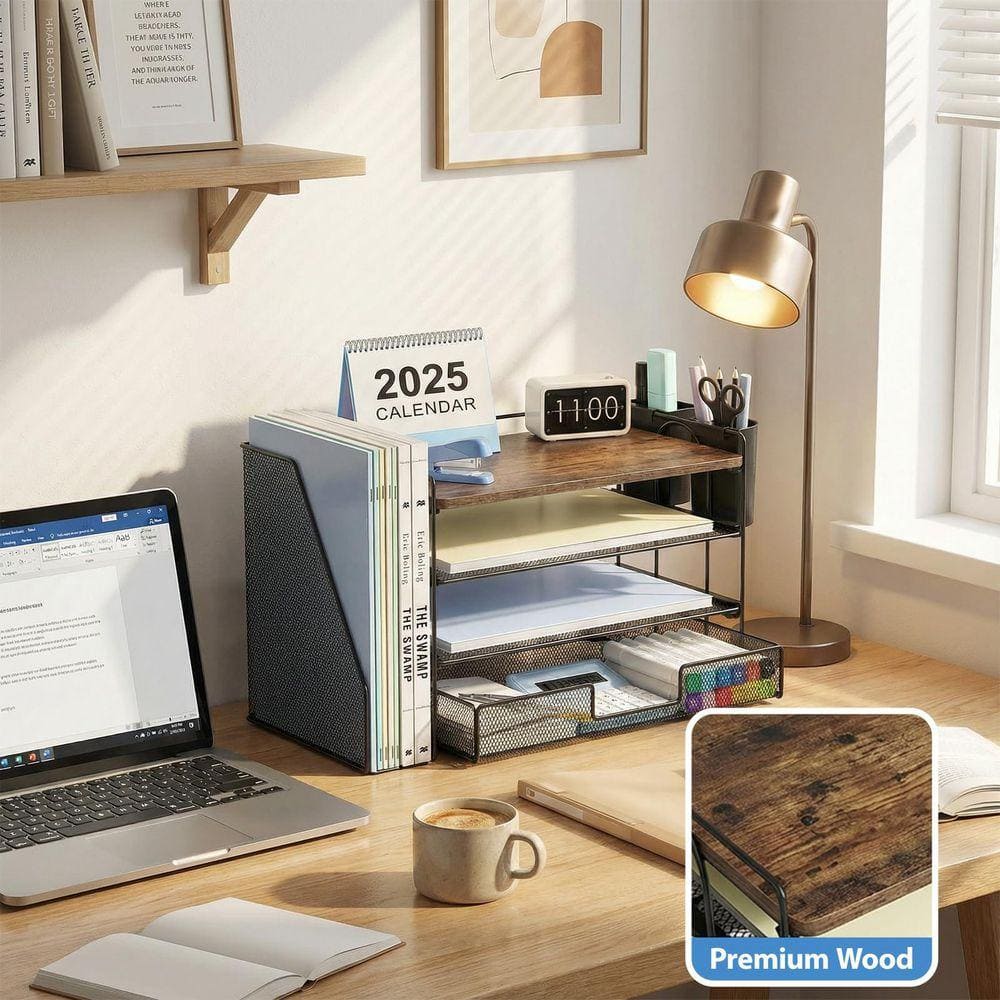 15.5 in. x 9.3 in. Brown Wood Metal Desk Organizer, Desk Accessories with Drawer and 2 Pen Holders