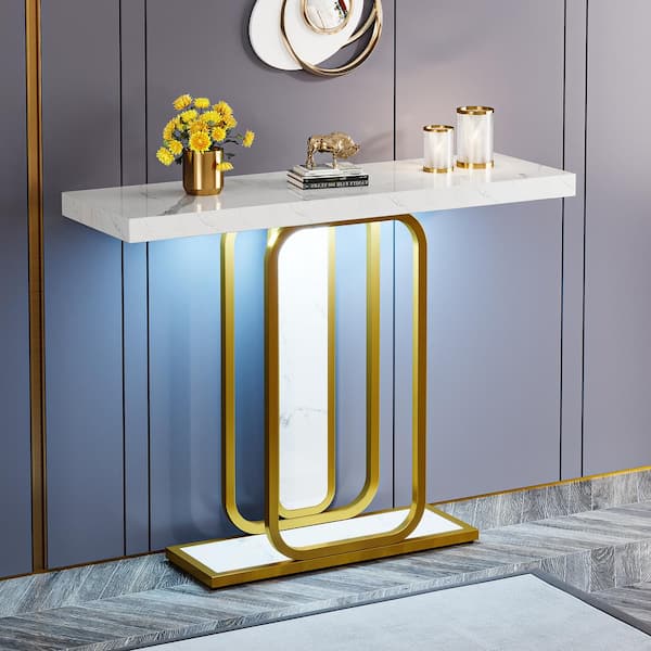 Turrella 41.66 in. Gold & White Rectangle Faux Marble Wood Console Table with LED Lights