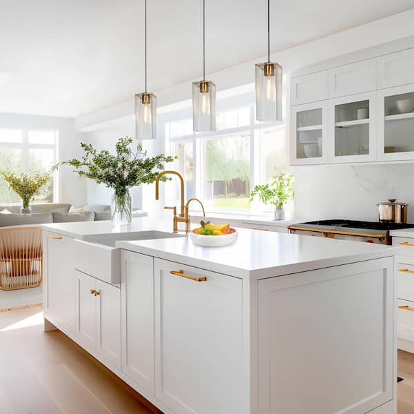 Modern 1-Light Brass Mini Pendant Light Water Glass Black Pendant Hanging Light Farmhouse DIY Kitchen Island Chandelier