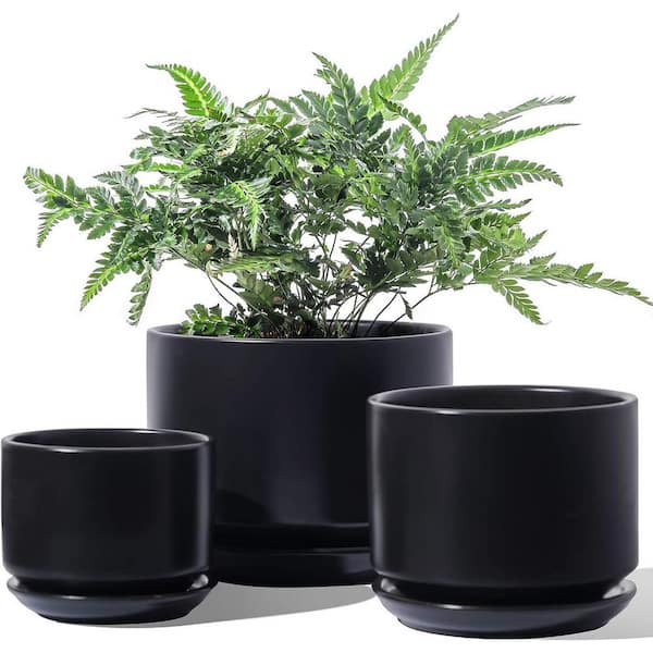 ITOPFOX Modern 6.8 in. L x 6.8 in. W x 5.3 in. H Black Ceramic Round Indoor Planter (3-Pack)
