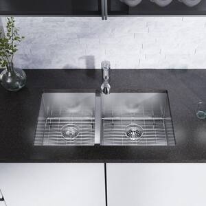 Undermount Stainless Steel 32 in. Double Bowl Kitchen Sink Kit