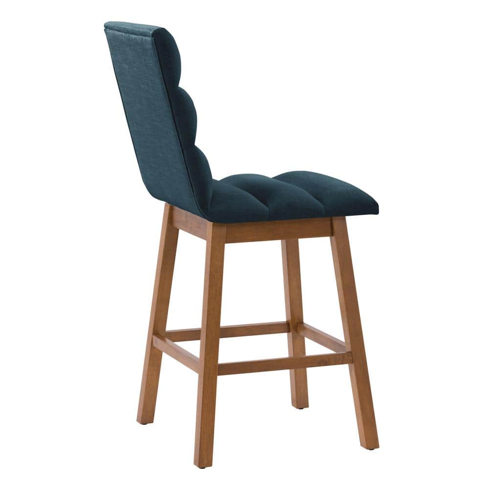 Navy Blue Channel Tufted Fabric Barstools with Wood Legs, Set of 2