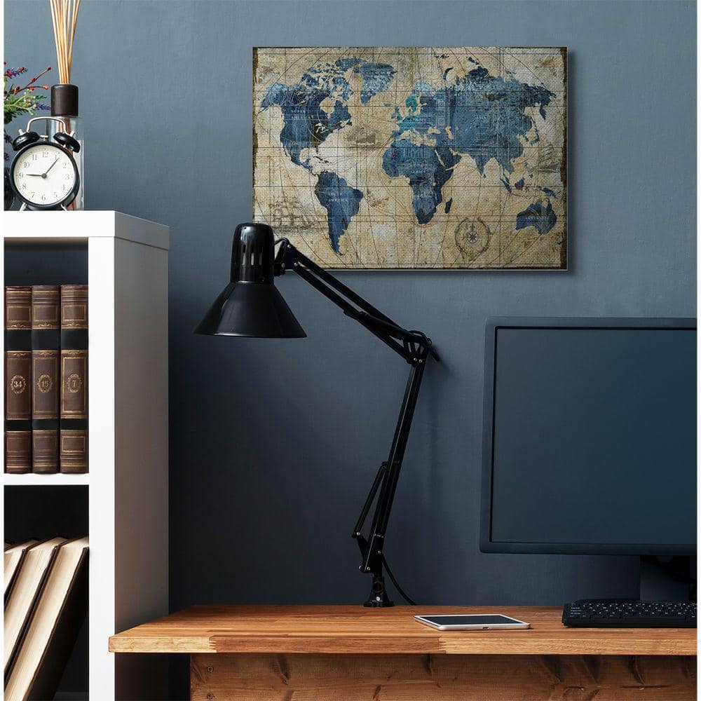 Vintage Blue and Beige Abstract World Map Canvas Wall Art, 24 x 30