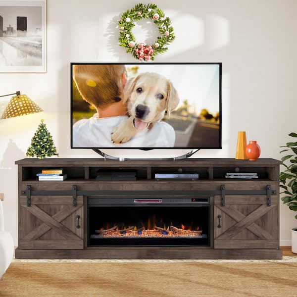 93 in. TV Stand with 42 in. Electric Fireplace Insert, Barnwood Finish, Sliding Barn Doors, Heats up to 400 Sq. Ft.